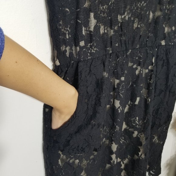 Monteau Sleeveless Black Lace Overlay Mini Dress Back Zipper Pockets Size Medium - Picture 4 of 7
